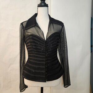 Edgy Black Evening Corset-Style Long-Sleeved V-Neck Beaded Sz 4 Piece